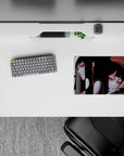 Moody anime girl mouse pad 14x10 inches in smoky grays, beige ribbons, deep crimson, violet and red eyes.