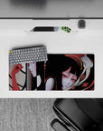 Dark aesthetic anime girl mouse pad 28x12 inches in smoky gray, beige ribbons, deep crimson, dreamy mood.