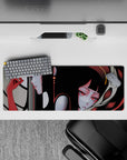 32x12 inches dark aesthetic anime desk mat in smoky grays, beige ribbons, deep crimson, dreamy vibe.