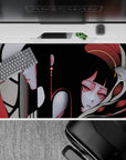 40x20 inches dark aesthetic anime desk pad in smoky grays, deep crimson, and soft beige, dreamy mood.