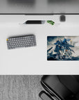 14x10 inches anime mouse pad in cool blues and steel grays, smoky clouds, crisp white armor accents.