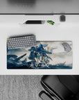 28x12 inches anime mouse pad in cool blues and steel grays with crisp white armor lines, dramatic cozy vibe.