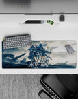 32x12 inches anime mouse pad in cool blues and steel grays with smoky clouds and crisp white armor lines.