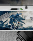 40x20 inches anime desk pad in cool blues and steel grays, smoky clouds backdrop, dramatic cozy vibe.