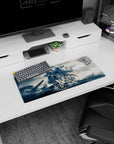 28x12 inches anime mouse pad with Suletta Mercury and Miorine beneath Gundam Aerial in smoky battlefield clouds.