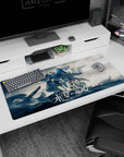 Suletta Mercury and Miorine Rembran 36x16 inches desk pad under Gundam Aerial, dramatic scene.