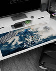 40x20 inches desk pad showing Suletta Mercury and Miorine Rembran beneath Gundam Aerial, secret promise scene.