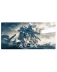 32x16 inches anime mouse pad with Gundam Aerial towering over Suletta and Miorine in smoky clouds.