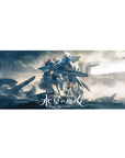 Gundam Aerial anime desk pad 36x16 inches with Suletta and Miorine beneath towering mecha.