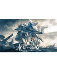40x20 inches anime desk pad with Gundam Aerial towering over Suletta and Miorine, crisp white armor lines.