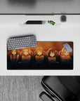 Warm amber and cocoa anime girl mouse pad 28x12 inches with deep blue seats and soft rim glow.