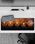 Warm amber and cocoa anime girl mouse pad 32x12 inches, soft sunset glow with deep seat-blue accents.