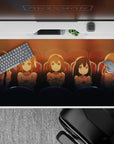 Cozy amber and cocoa anime desk pad 40x20 inches with deep seat-blue accents and soft rim glow.