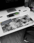 Artistic 36x16 inches desk pad showcasing swirling liquid waves in black and white, perfect for transforming your desk with mesmerizing modern style.