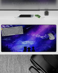 Anime mouse pad 32x16 inches with dreamy skies, shooting stars, and three silhouettes under a galaxy of purples and blues.