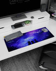Anime mouse pad 32x12 inches featuring three silhouettes under a purple and blue galaxy sky with shooting stars and clouds.