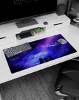 Anime mouse pad 32x16 inches with dreamy skies, shooting stars, and silhouettes under a purple galaxy; perfect for dreamers.