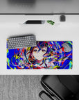 Vibrant neon blues, hot reds, lime splashes, and candy-pink petals on a 28x12 inches anime mouse pad.