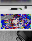 32x16 inches neon anime desk mat in blues, reds, lime, and candy-pink petals for bright gaming vibes.