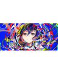Anime girl desk pad 36x16 inches with neon paint-swipe background, school collar, and flowing ribbon.