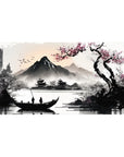 Serenity Blossom desk mat 40x20 featuring cherry blossoms and misty mountains for tranquil Japanese-inspired style