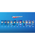 Mega Man retro lineup anime desk pad, blue gradient panels, collector-style design, 40x20 inches.