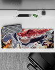 32x12 inches anime girl mouse pad in vivid reds and orange flames, sharp steel highlights, bold adventurous mood.