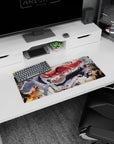 28x12 inches anime girl mouse pad showing a fearless redhead warrior with fur collar, steel straps, and flames.