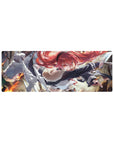 32x12 inches anime girl mouse pad with fiery red-haired fighter, cloak, belts, and fur collar action pose.