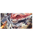 32x16 inches anime girl mouse pad with red-haired fighter, fur collar, belts, and flowing cloak in flames.