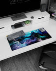 Celestial Nebula Dream mouse pad, 28x12 inches, showcasing swirling cosmic clouds in vibrant hues, perfect for adding galactic elegance to your workspace.