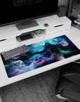 Artistic 36x16 inches desk pad showcasing celestial nebula designs, perfect for adding cosmic beauty and vibrant energy to your desk.