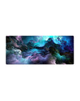 Mouse pad featuring swirling celestial nebula clouds in vibrant hues of blue, purple, and green, 28x12 inches, perfect for adding cosmic beauty to your workspace.