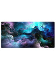 Mouse pad featuring swirling clouds of vibrant blues, purples, and greens in a celestial nebula design, 32x16 inches, perfect for infusing your workspace with galactic wonder.