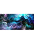 Celestial Nebula Dream desk pad featuring vibrant cosmic clouds in blues, purples, and greens, 36x16 inches, perfect for bringing outer space elegance to your desk setup.