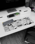 Artistic 32x12 inches mouse pad with Luffy's Gear 5 transformation from One Piece, featuring dynamic, black-and-white imagery of his power.
