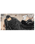 Mouse pad featuring the Black Swordsman Guts with his flowing dark cloak and giant sword, 32x16 inches, perfect for adding fierce determination to your desk.