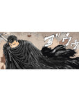 Black Swordsman desk pad featuring Guts in a dynamic pose with his giant sword and dark cloak, 36x16 inches, perfect for adding fierce energy to your desk setup.