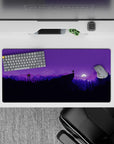Moonlit 32x16 mouse pad with purple-hued mountains, trees, and a starry night sky for a serene, nature-inspired atmosphere