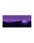 Starry night 28x12 mouse pad with silhouetted mountains and trees under a moonlit purple sky for a peaceful, nature-filled aesthetic