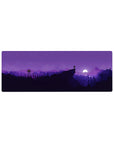 Starry night 32x12 mouse pad featuring silhouetted mountains and trees against a purple sky for a calming and peaceful wilderness aesthetic