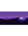 Starry night 36x16 desk pad with silhouetted mountains and trees under a peaceful moonlit sky in purple hues for a tranquil design
