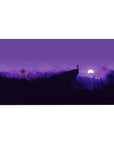 Starry night 40x20 desk pad featuring silhouetted mountains and trees bathed in purple hues, creating a peaceful, moonlit wilderness scene