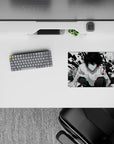 Red-cyan glitch edge anime mouse pad 14x10 inches with stark black-and-white, intense mood.