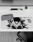 32x12 inches anime mouse pad in red-cyan glitch tones, sharp shards and chaotic, intense desk vibe.