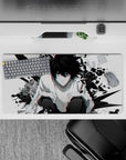 32x16 inches anime desk mat in stark black and white with chaotic neon red-cyan glitch vibe and intensity.
