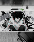 40x20 inches anime desk pad in black and white with red-cyan glitch edges, intense chaotic vibe.