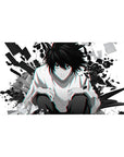40x20 inches anime desk pad with L-inspired crouching detective, glitch shards and splatter background.