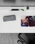 Anime girl mouse pad 14x10 inches in violet-orange sunset tones, neon blue highlights, gritty-cute mood.