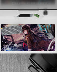Violet-orange sunset and neon-blue glow anime desk mat mouse pad, gritty-cute vibe, 32x16 inches.